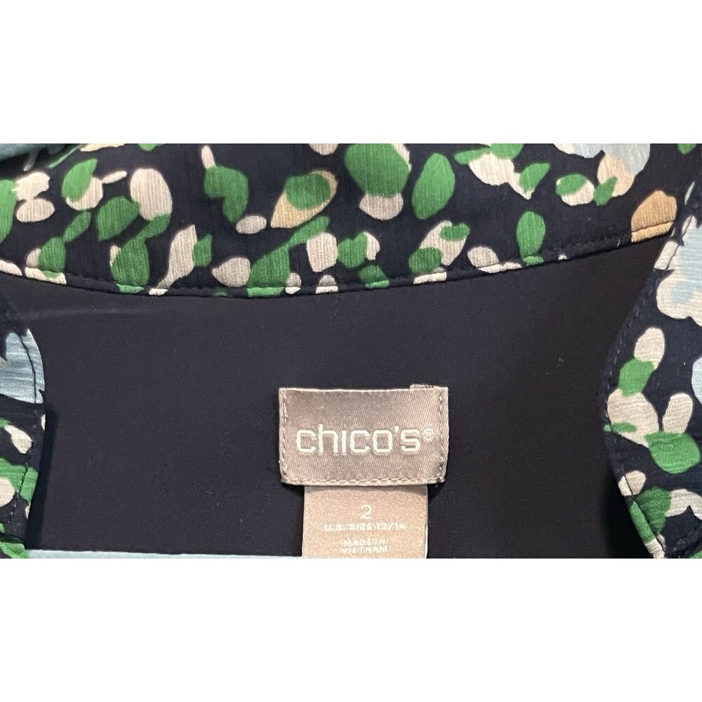 Chico’s Size 2 Shirt Navy Green Floral V-Neck Lined Long Sleeve Button Cuff Top - Picture 6 of 8